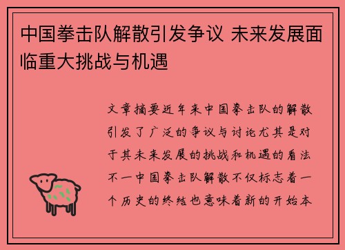 中国拳击队解散引发争议 未来发展面临重大挑战与机遇